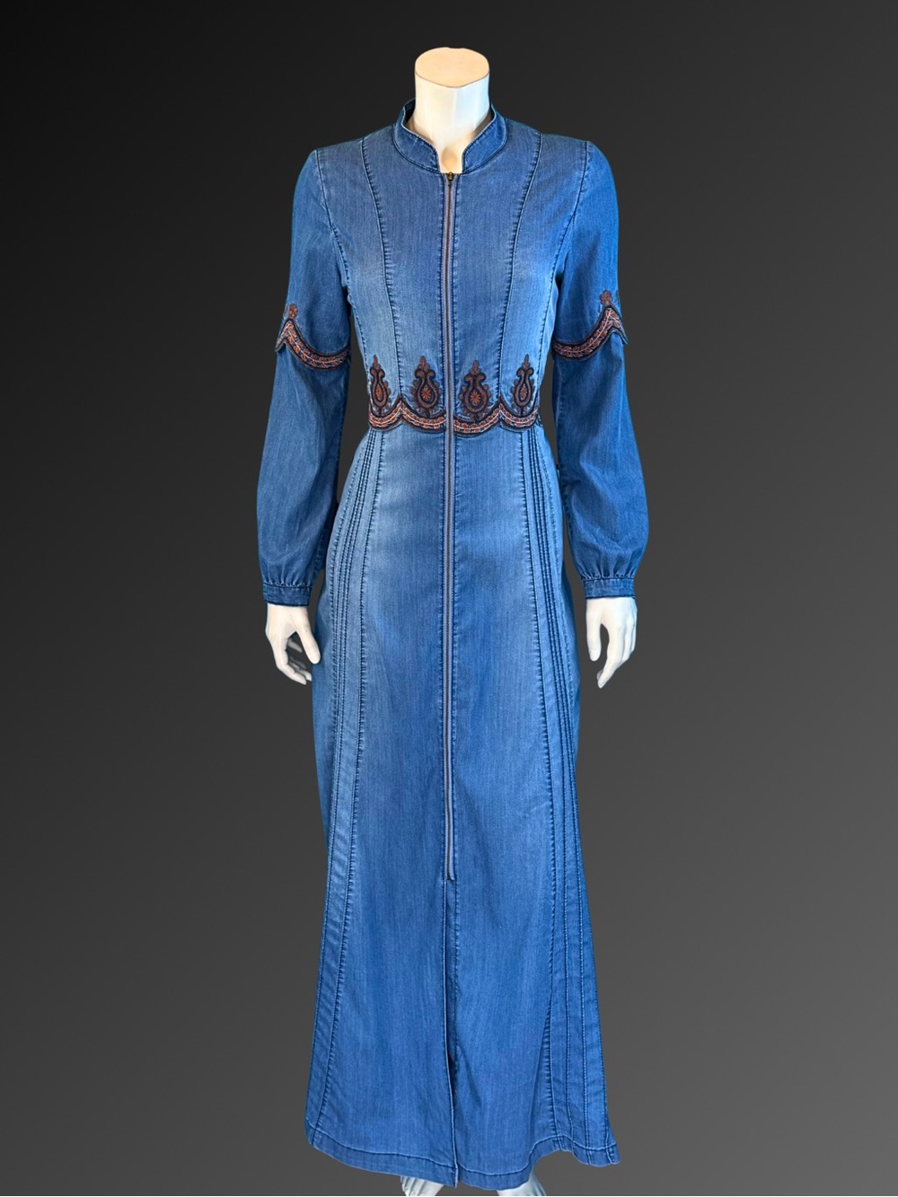 Vintage Y2K Denim Embroidered Boho Maxi Duster or Coat Dress | S M - Picture 7 of 16